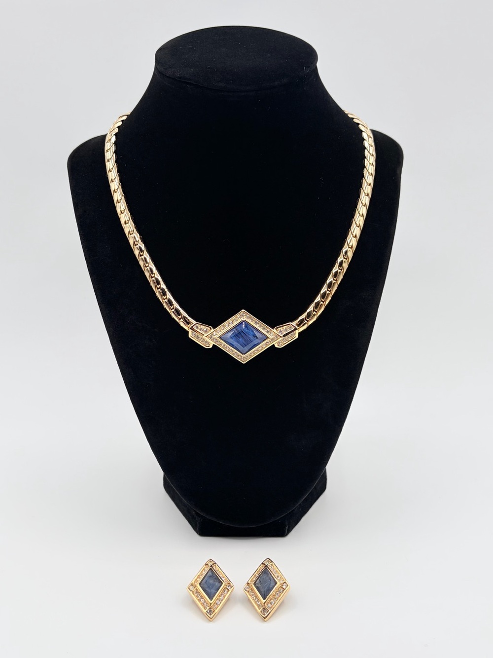 Vintage Christian Dior Germany Blue Faux Sapphire Rhinestone Necklace Earrings